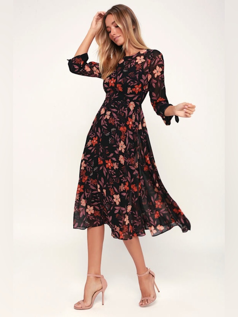 I.Madeline Passionate Love Black Floral Print Midi Dress Sheer Sz XS